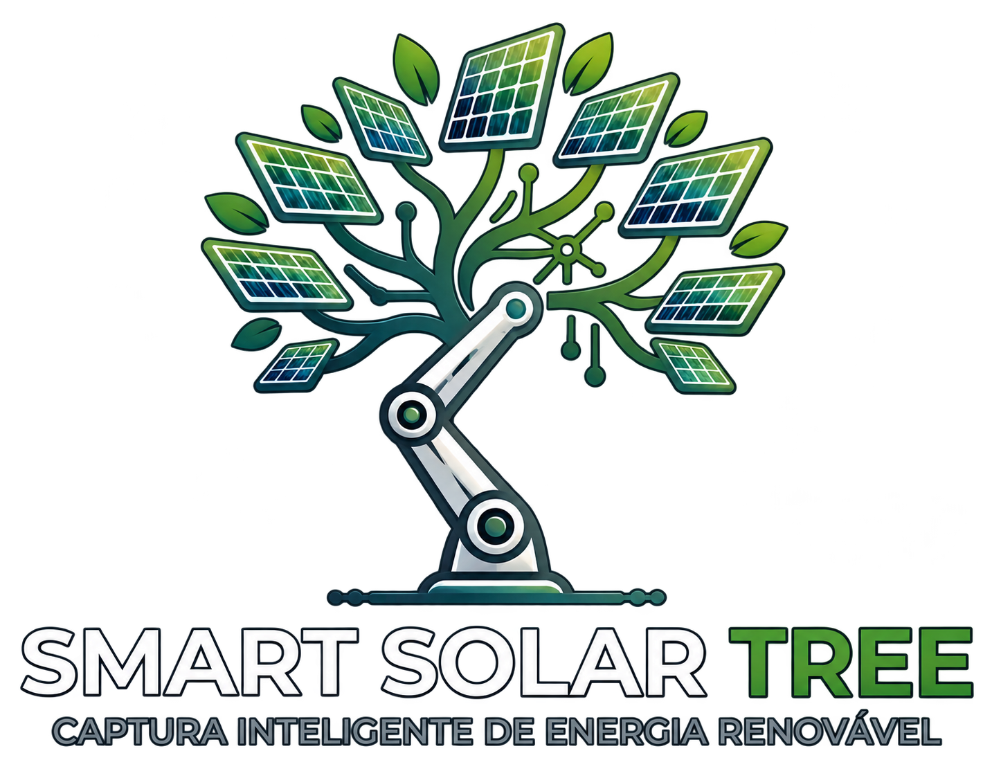 Logo Smart Solar Tree: árvore de painéis solares com braço robótico. Captura inteligente de energia renovável.